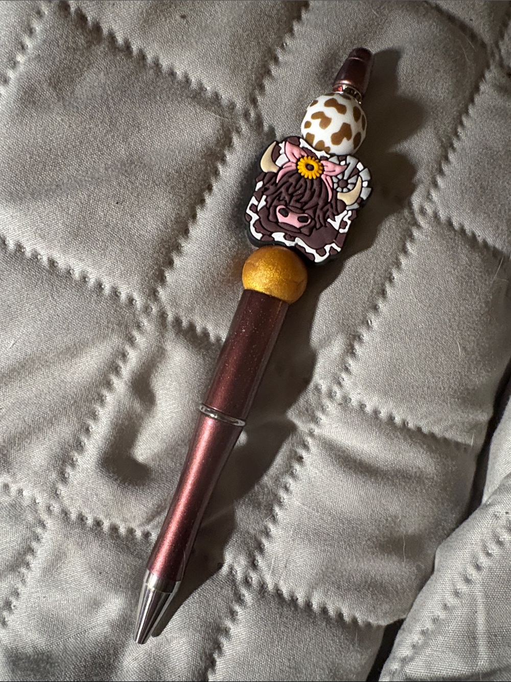 Cute Cow Charm Pink Metallic Pen with Yellow Bead